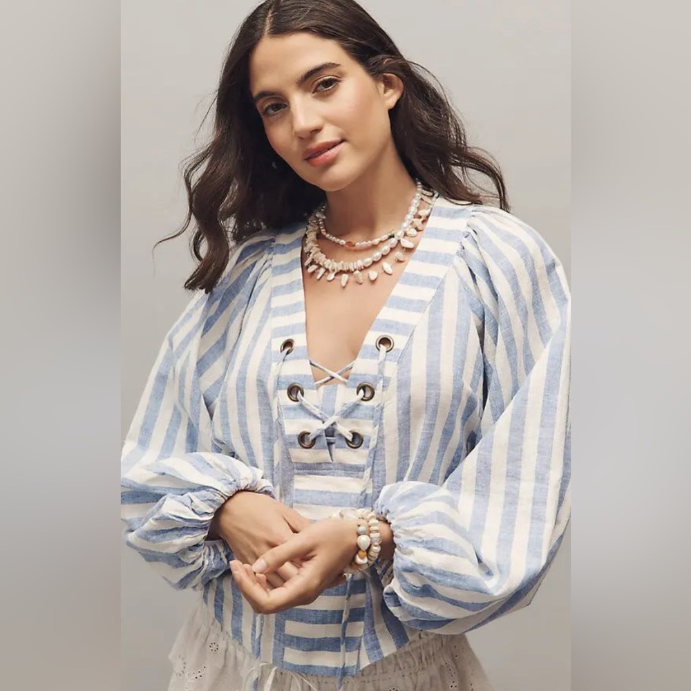 ANTHROPOLOGIE  Linen Dolman Lace-Up Blouse - Periwinkle